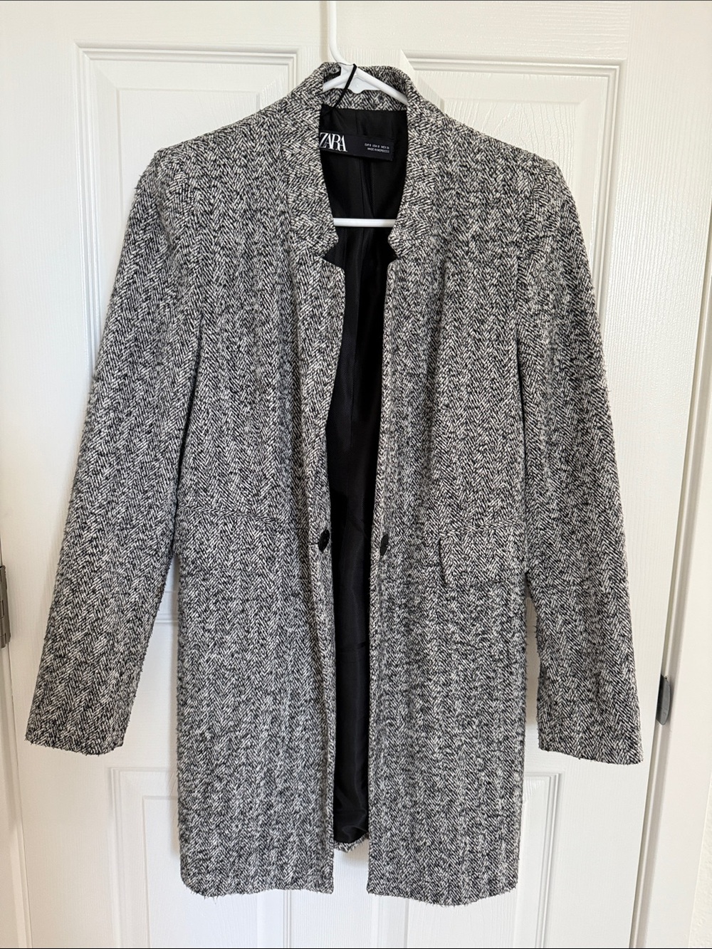 ZARA Black & White Tweed Pea Coat with pockets